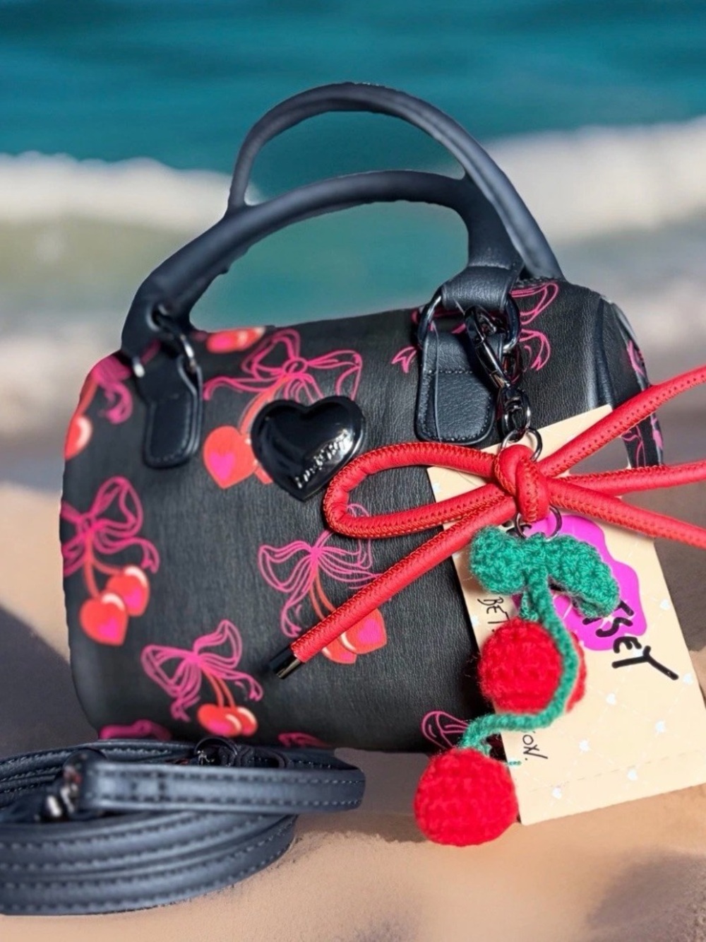 LUV BETSEY JOHNSON Mini Y2K Bag Purse LBHARLEY Red Cherries Bows Bag Charms